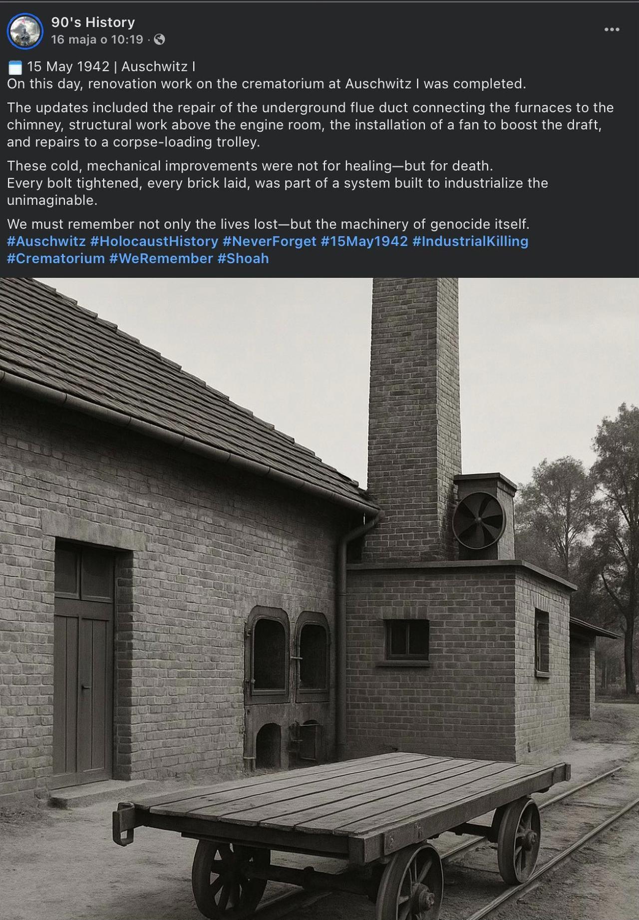 An AI-generated image of a crematorium at Auschwitz circulated online, imitating real historical photos of the camp’s machinery of mass killing, May 22, 2025. (Photo via Facebook / @auschwitzmemorial)