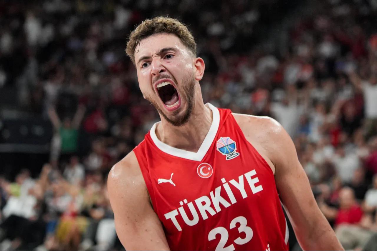 Alperen Sengun reacts during friendly basketball match between Türkiye and Montenegro at Basketball Development Center in Istanbul, Türkiye, August 23, 2025. (AA Photo)