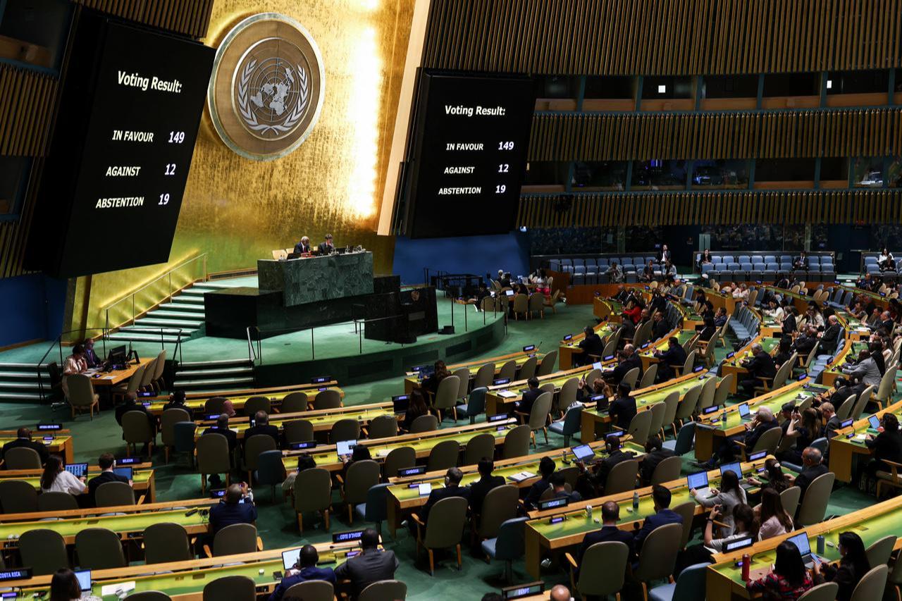 The final vote tally is displayed on a screen after the UN General Assmebly voted on and adopted a draft resolution calling for an immediate ceasefire in Gaza and urged all necessary measures to pressure Israel into ending the conflict, at UN Headquarters in New York City, U.S. on June 12, 2025. (AFP Photo)