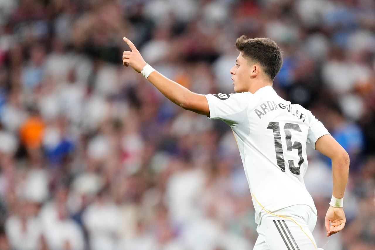 Arda Guler attacking midfield of Real Madrid and Türkiye celebrates after scoring his sides first goal during the LaLiga EA Sports match between Real Madrid CF and RCD Mallorca at Estadio Santiago Bernabeu, Madrid, Spain, August 30, 2025. (AA Photo)