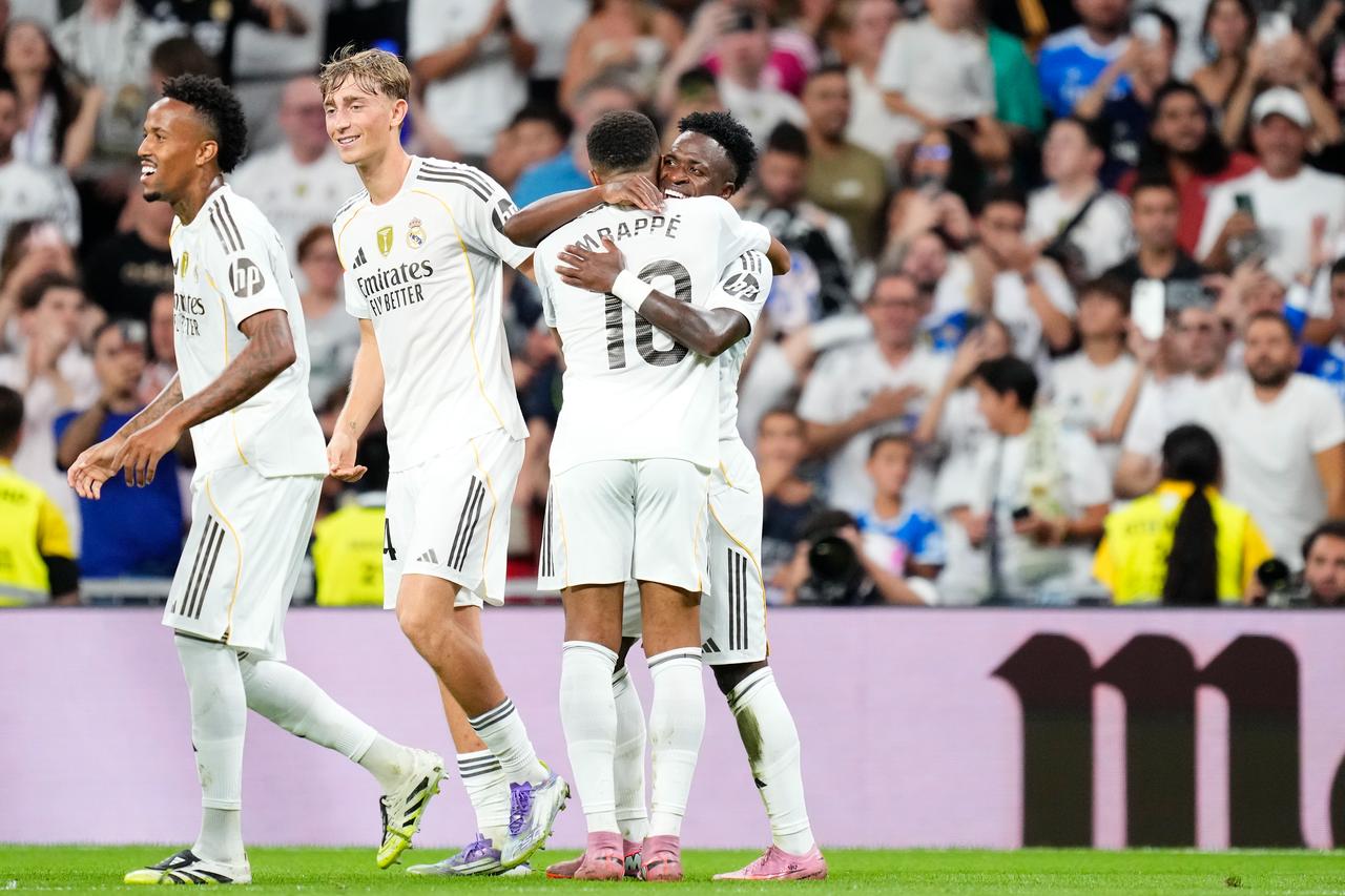 Vinicius Junior left winger of Real Madrid and Brazil celebrates after scoring his sides first goal during the LaLiga EA Sports match between Real Madrid CF and RCD Mallorca at Estadio Santiago Bernabeu, Madrid, Spain, August 30, 2025. (AA Photo)