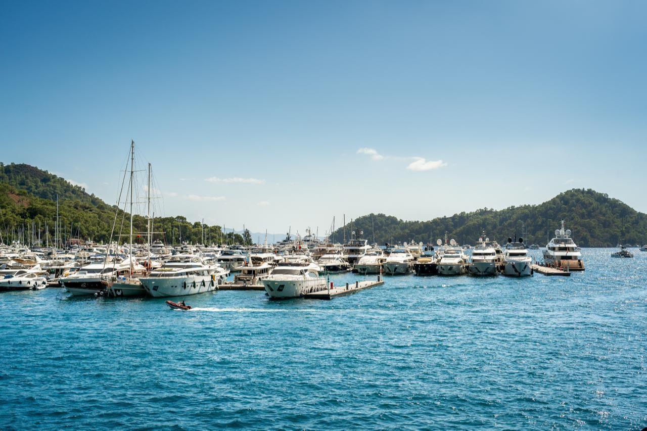 Superyachts docked at the Port Marina in Gocek, Fethiye in Mugla, Türkiye. (Adobe Stock Photo)