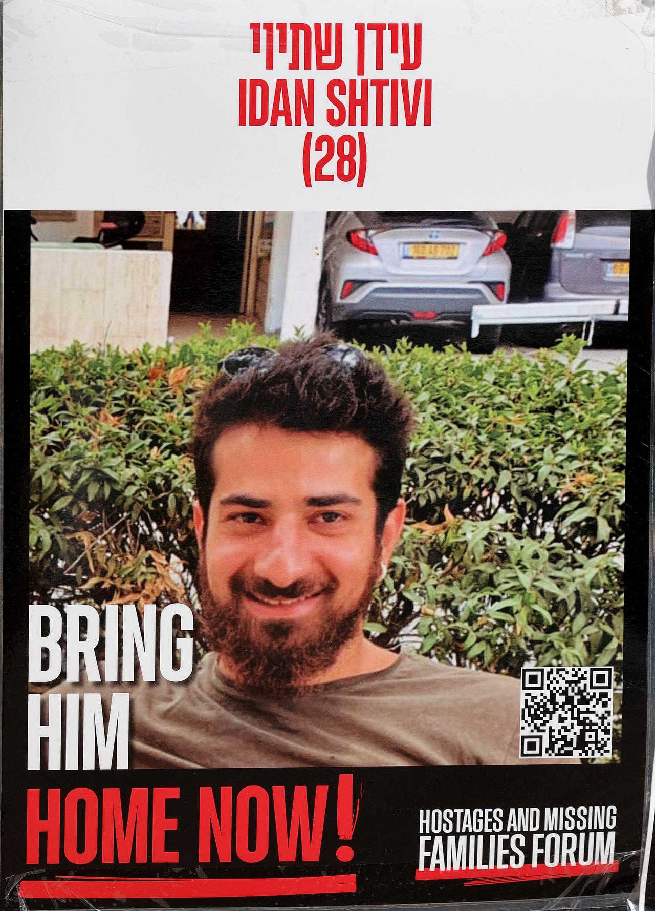 This photo shows a poster bearing a portrait of Idan Shtivi, one of the Israelis held hostage in the Gaza Strip since October 2023, set up in a square in Tel Aviv, Israel, Jan. 21, 2025. (AFP Photo)