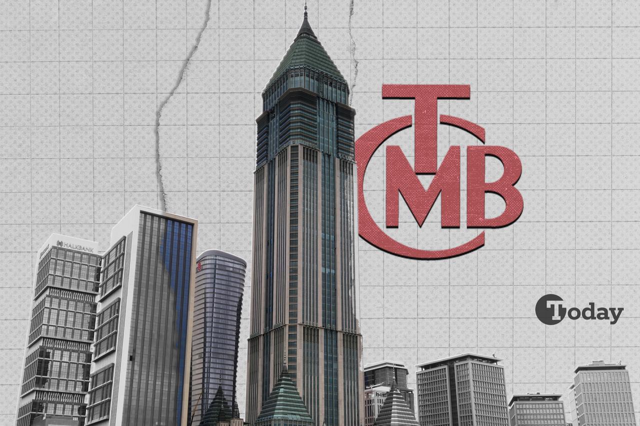 An illustration features the Central Bank of the Republic of Türkiye (CBRT) logo alongside the Istanbul Finance Center in Istanbul, Türkiye. (Collage by Türkiye Today)