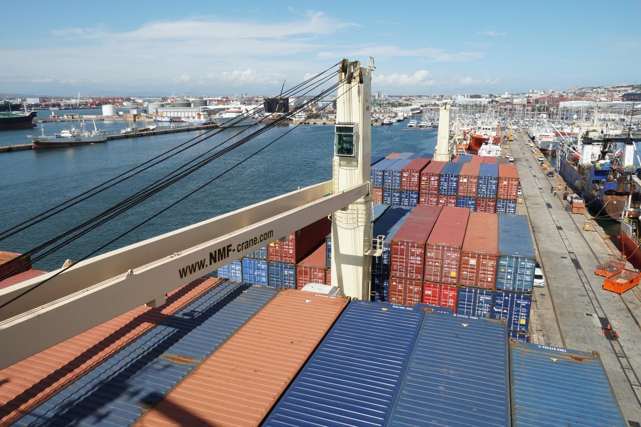 Container vessel with cranes is fully loaded and moored in port of Cape Town in Cape Town, South Africa on March 22, 2023. (Adobe Stock Photo)