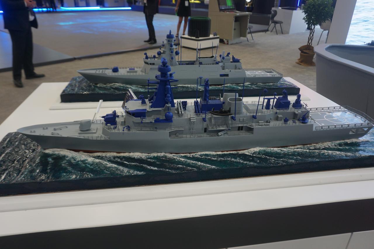 A mock-up of TCG Orucreis (F-245) frigate, which has undergone comprehensive modernization at IDEF 2025 in Istanbul on July 22, 2025. (Türkiye Today Photo)