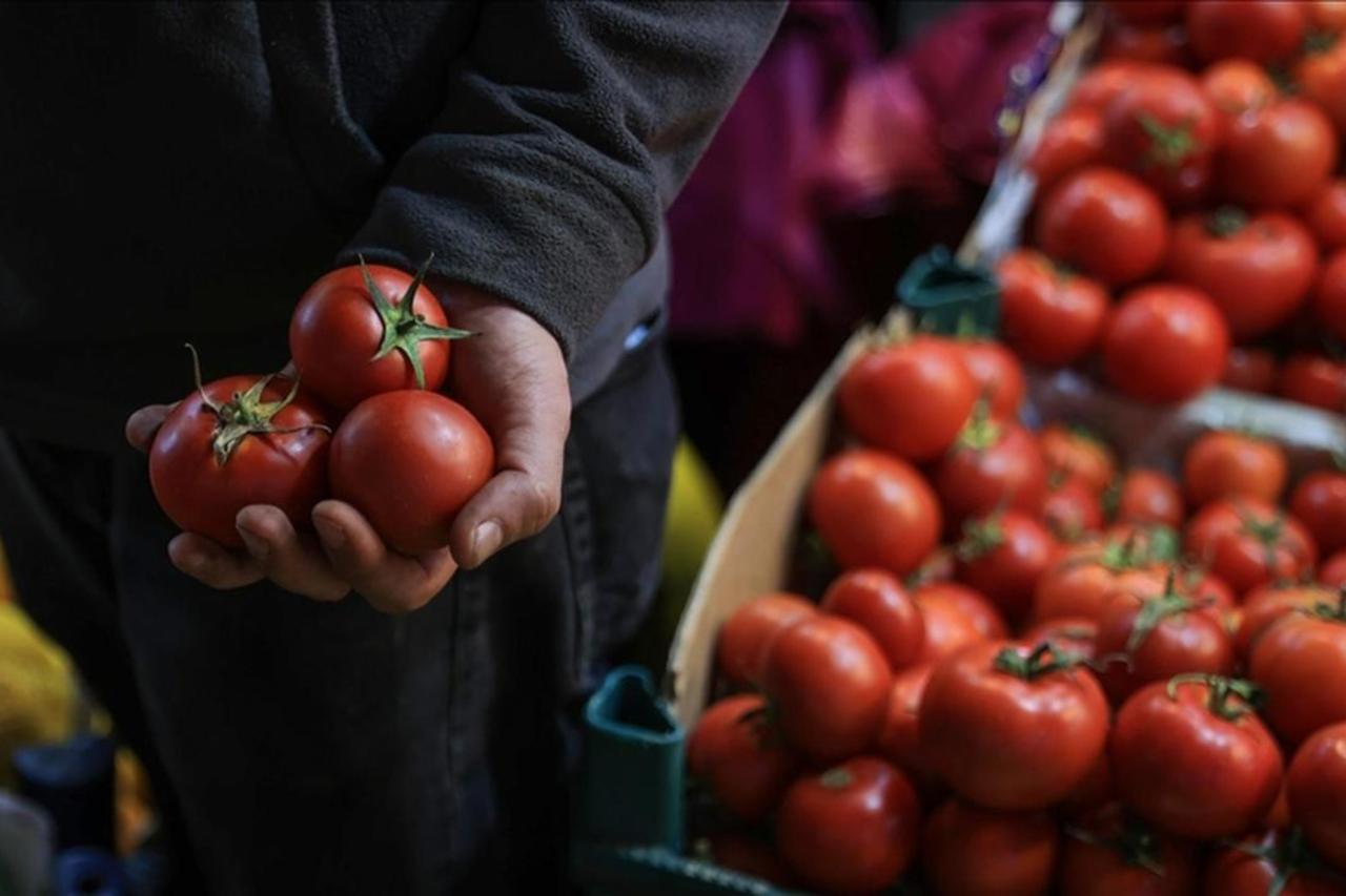 A customer holds a handful of tomatoes at a local market in Istanbul, Türkiye. (AA Photo)