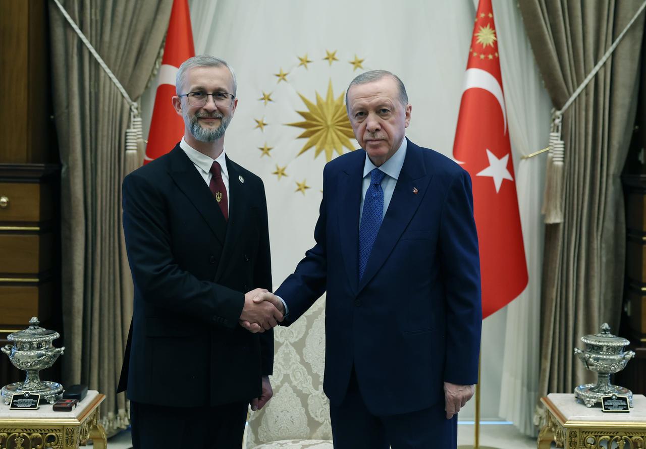 Ambassador of Ukraine Nariman Dzhelyalov (L) presents his letter of credence to President Recep Tayyip Erdogan (R) at the Presidential Complex in Ankara, Türkiye on July 8, 2025. (Photo via TUR Presidency/Murat Kula)