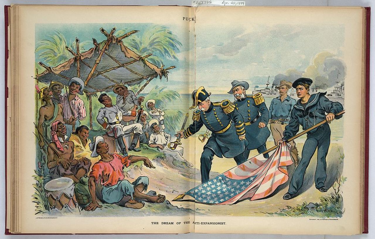 Print shows the dream of an "Anti-Expansionist" where Admiral George Dewey, General Elwell S. Otis, a sailor, and a soldier come ashore in the Philippines to offer their weapons and the American flag in surrender to Emilio Aguinaldo and a poorly armed, ragged, but haughty, group of Filipinos, accessed on Aug. 4, 2025. (Photo via Library of Congress)