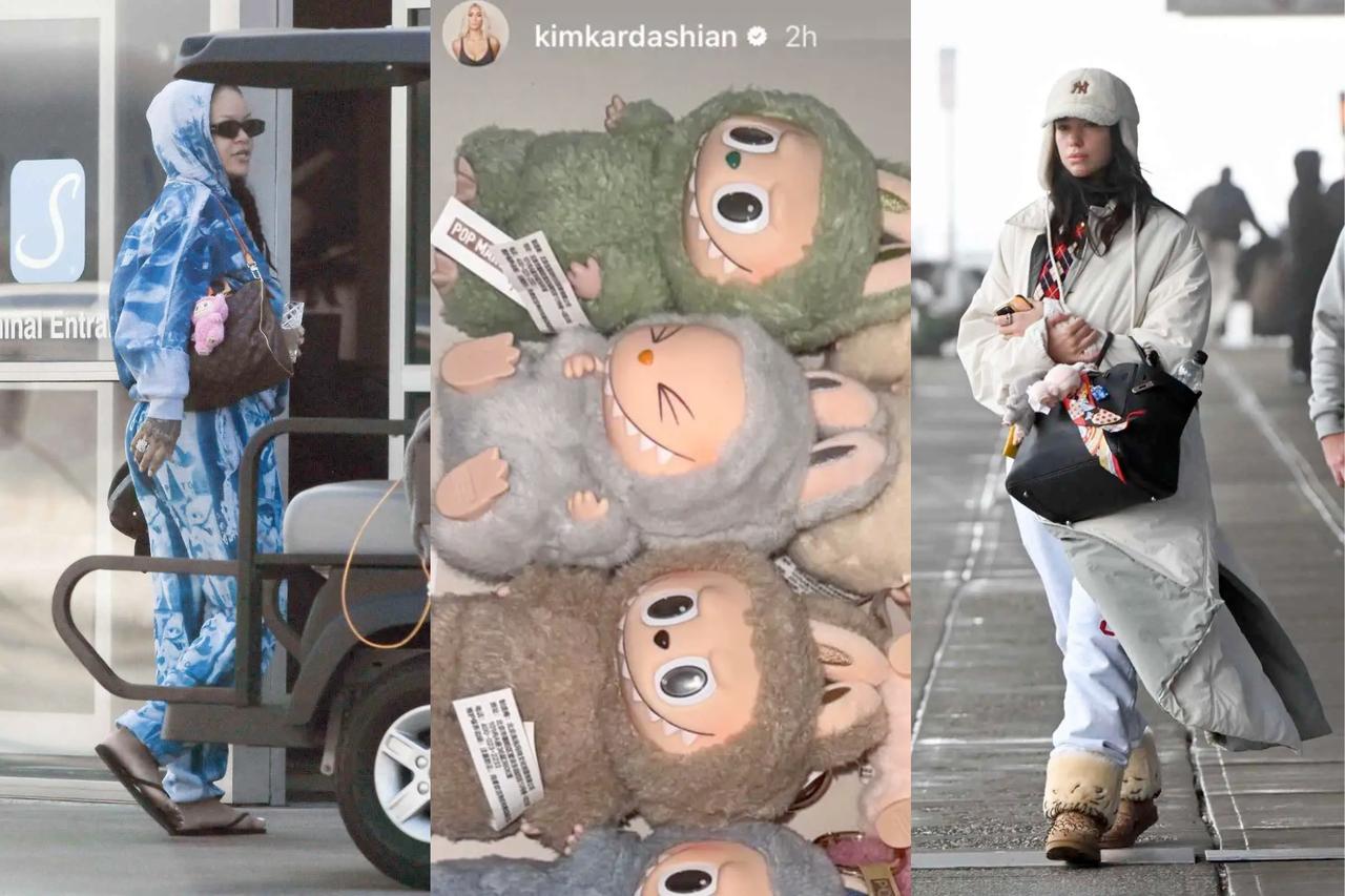 Rihanna, Kim Kardashian, and Dua Lipa have been pictured with or personally shared their Labubu dolls, August 5, 2025. (Created by Türkiye Today)