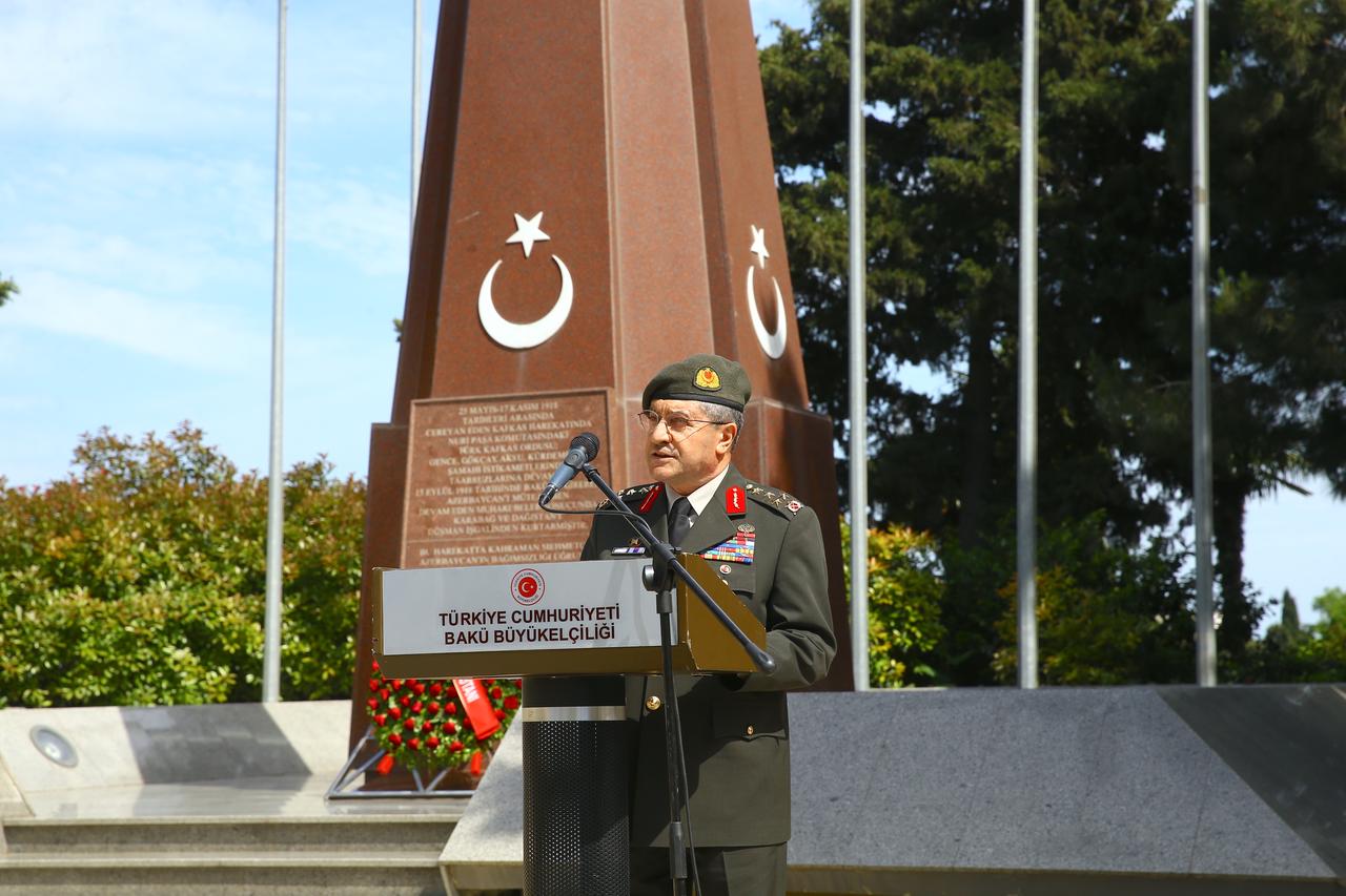 Then-Turkish Commander of the Land Forces, General Selcuk Bayraktaroglu makes a speech as he visits the Baku Martyrs' Alley during his visit to Baku, Azerbaijan on May 21, 2024. (AA Photo)