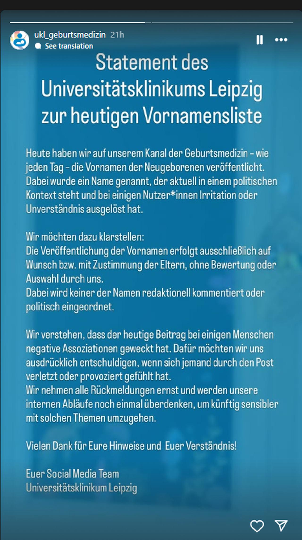 Hospital apologizes for sharing a story featuring the name “Yahya Sinwar” with a heart drawn over the letter “i,” a detail that sparked public outrage. August 4, 2025. (Photo by @UKL_Geburtsmedizin)
