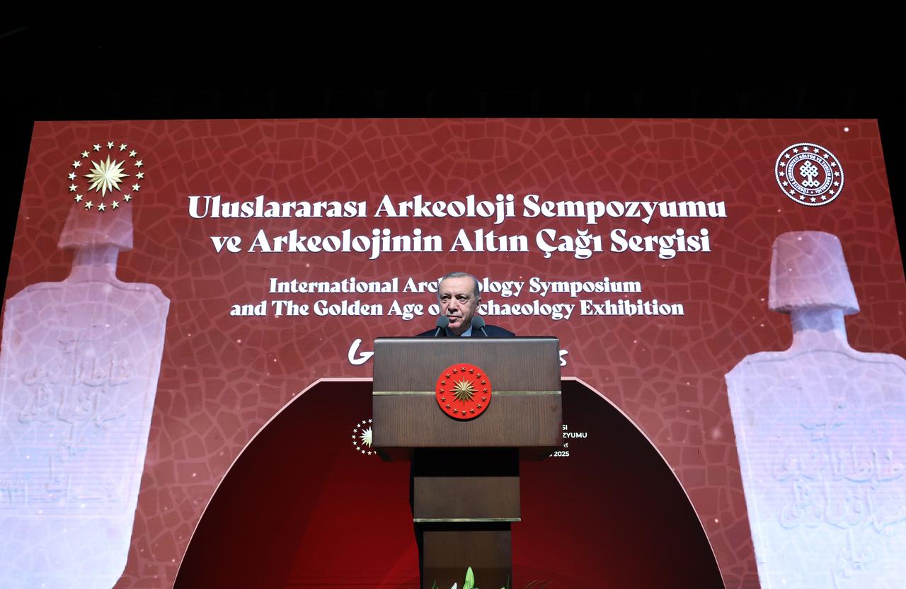 Turkish President Recep Tayyip Erdogan delivers a speech during the opening of the International Archaeology Symposium and the Golden Age of Archaeology Exhibition at the Presidential Nation's Library in Ankara, Türkiye, August 6, 2025. (AA Photo)