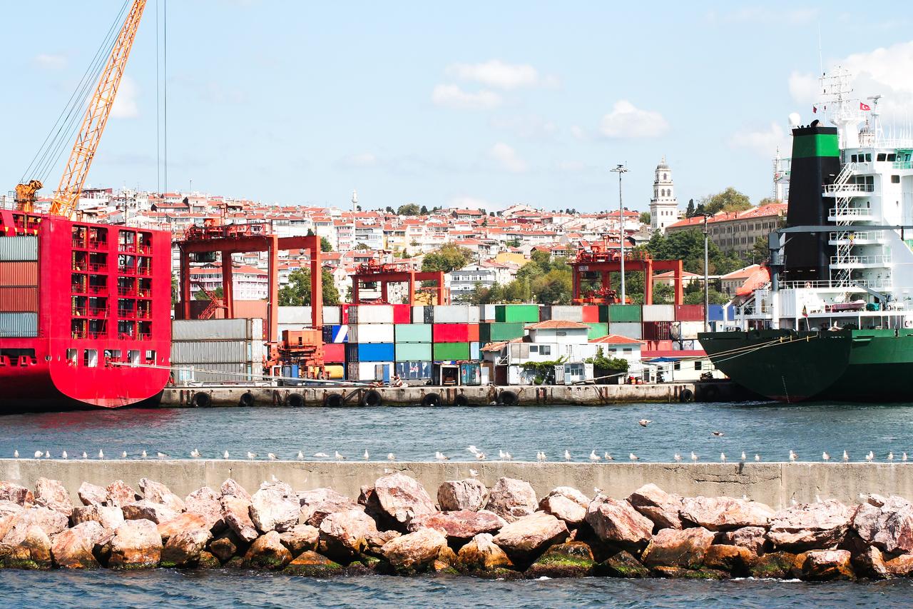 Cargo ships and stacked shipping containers are seen at a port in Istanbul, Türkiye. (Adobe Stock Photo)