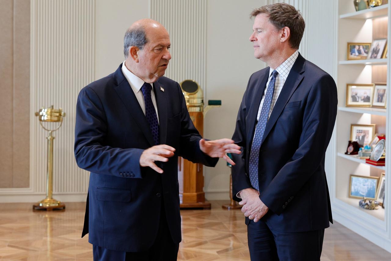 TRNC President Ersin Tatar receives UN Secretary-General’s Special Adviser on Cyprus and Head of the UN Peacekeeping Force, Colin Stewart, on a farewell visit ahead of his term ending August 5, 2025, in Nicosia, TRNC. (AA Photo)