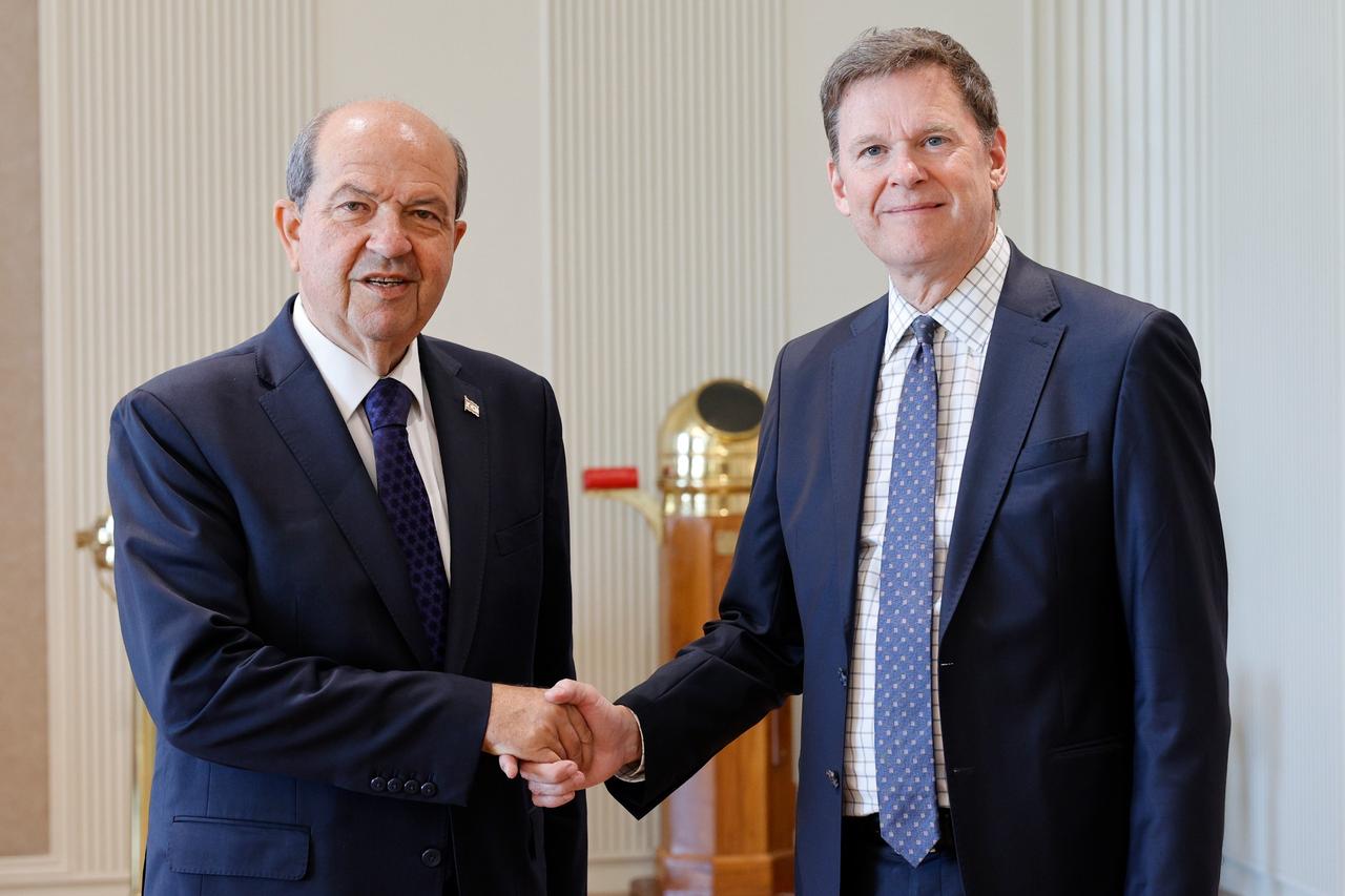 TRNC President Ersin Tatar receives UN Secretary-General’s Special Adviser on Cyprus and Head of the UN Peacekeeping Force, Colin Stewart, on a farewell visit ahead of his term ending August 5, 2025, in Nicosia, TRNC. (AA Photo)