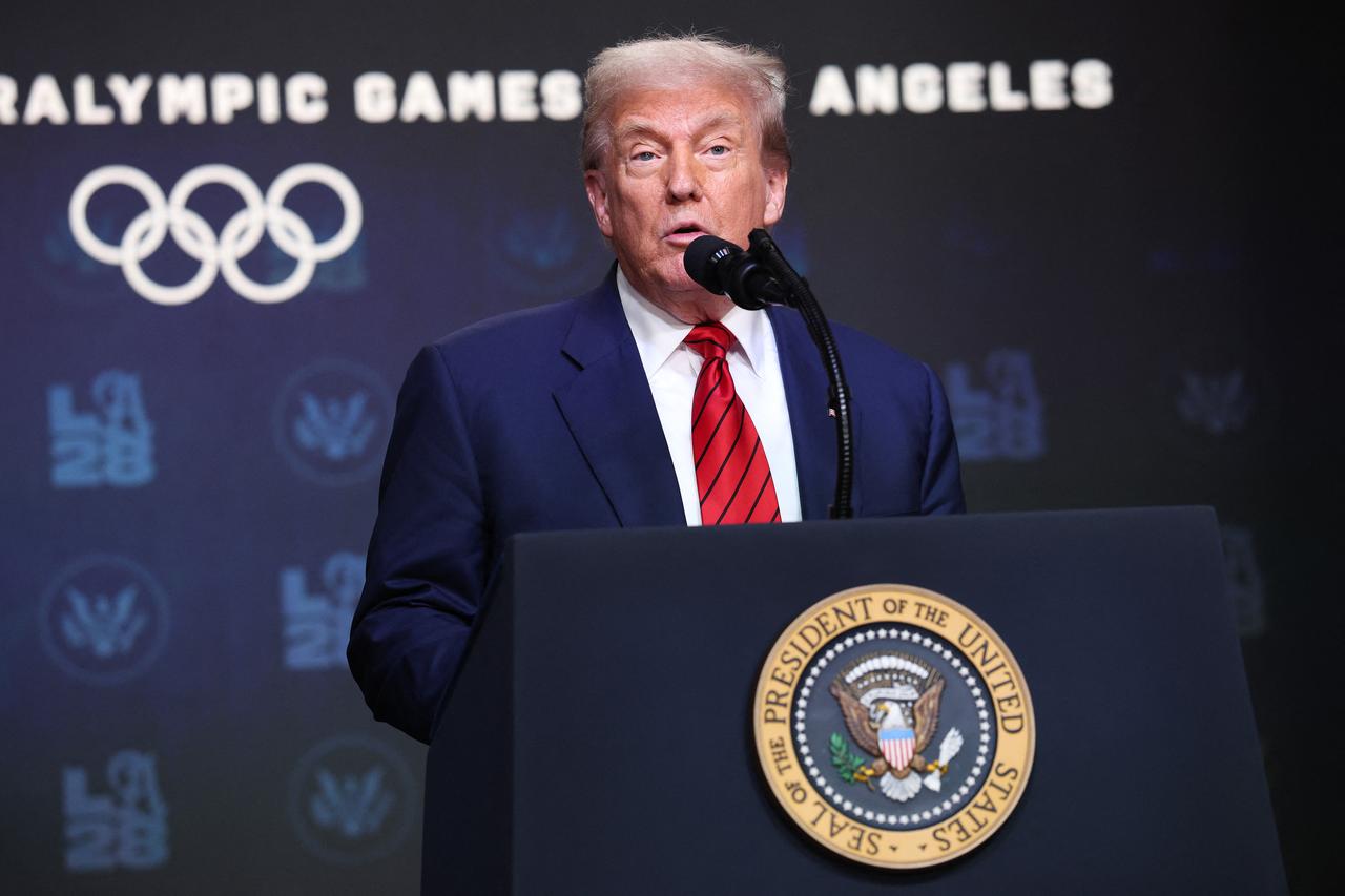 U.S. President Donald Trump speaks in the South Court Auditorium in the Eisenhower Executive Office Building on August 5, 2025 in Washington, DC. (AFP Photo)