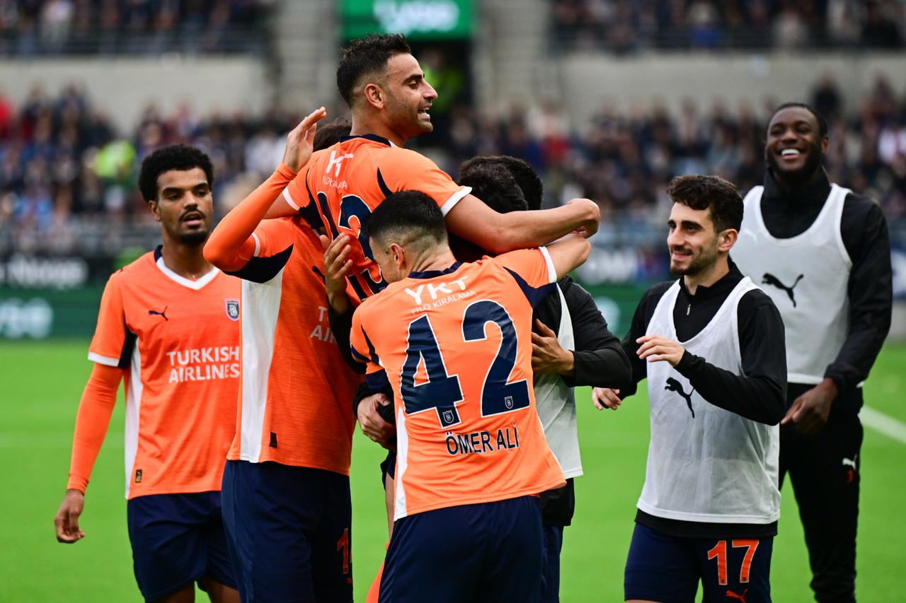 Deniz Turuc (23) of Istanbul Basaksehir celebrates with his teammates after scoring a goal during the UEFA Conference League third qualifying round match between Viking and Istanbul Basaksehir at Viking Stadion in Stavanger, Norway on August 07, 2025. (AA Photo)