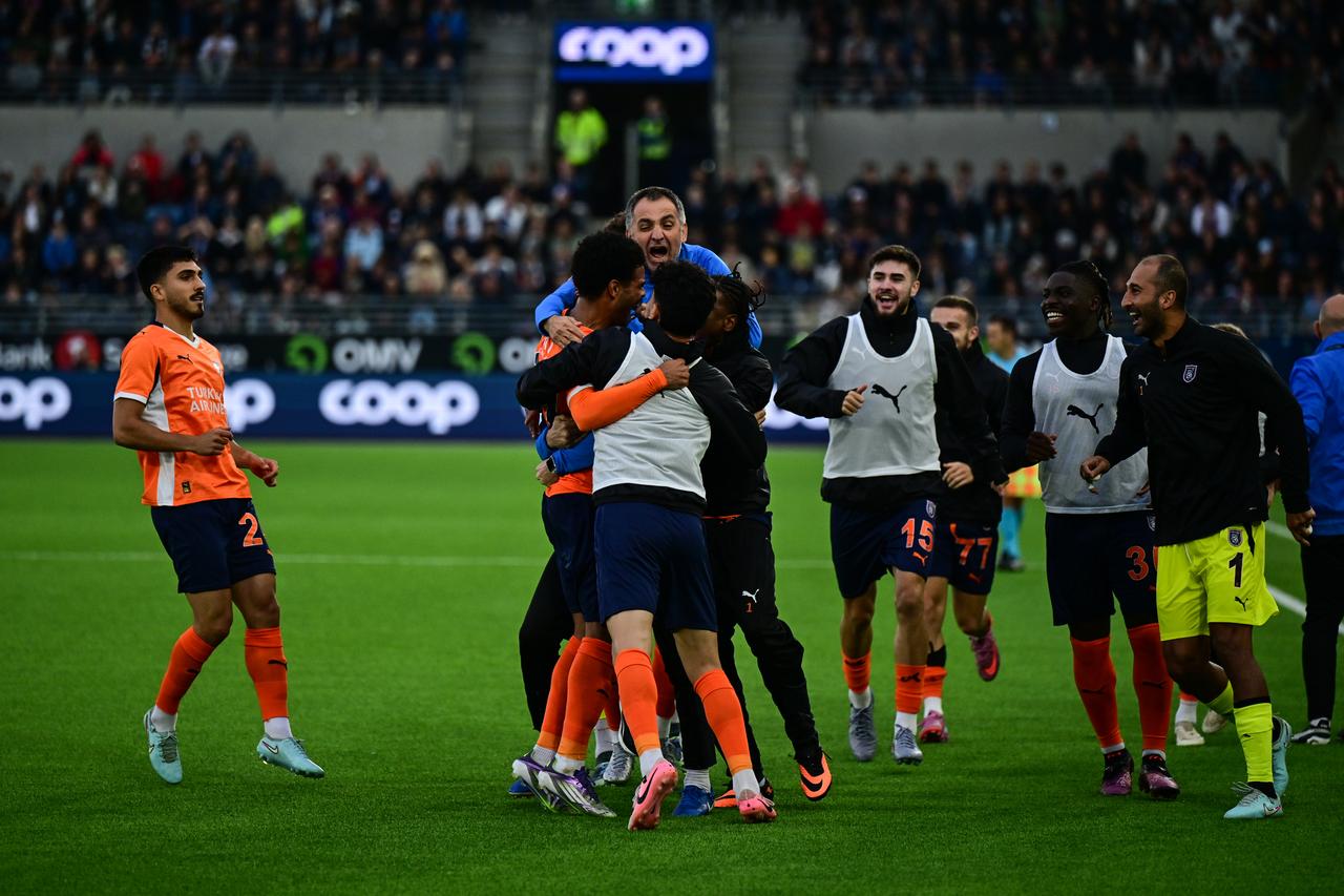 Players of Istanbul Basaksehir celebrate after a goal during the UEFA Conference League third qualifying round match between Viking and Istanbul Basaksehir at Viking Stadion in Stavanger, Norway on August 07, 2025. (AA Photo)