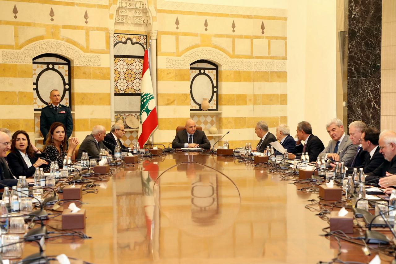 A photo released by the Lebanese presidency press office shows Lebanons President Joseph Aoun heading a Government meeting at the presidential palace of Baabda, Lebanon on August 7, 2025. (Lebanese Presidency / AFP Photo)