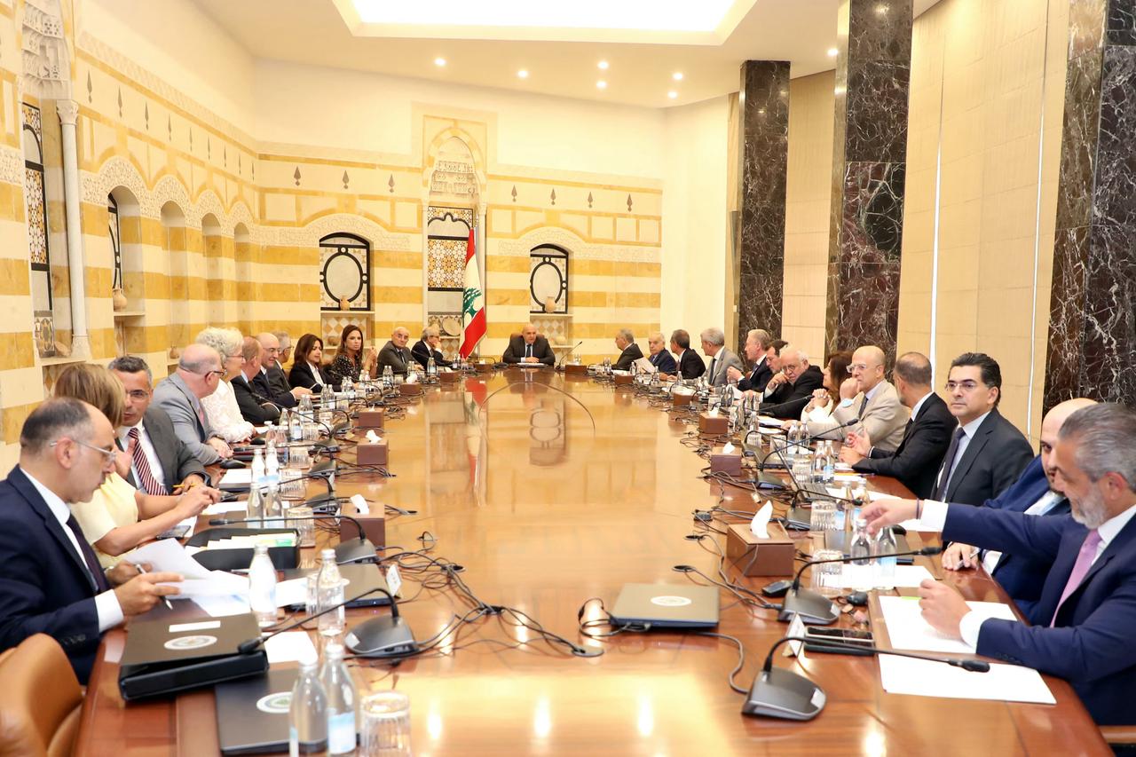 A photo released by the Lebanese presidency press office shows Lebanon's President Joseph Aoun heading a Government meeting at the presidential palace of Baabda, Lebanon on August 7, 2025. (Lebanese Presidency / AFP Photo)
