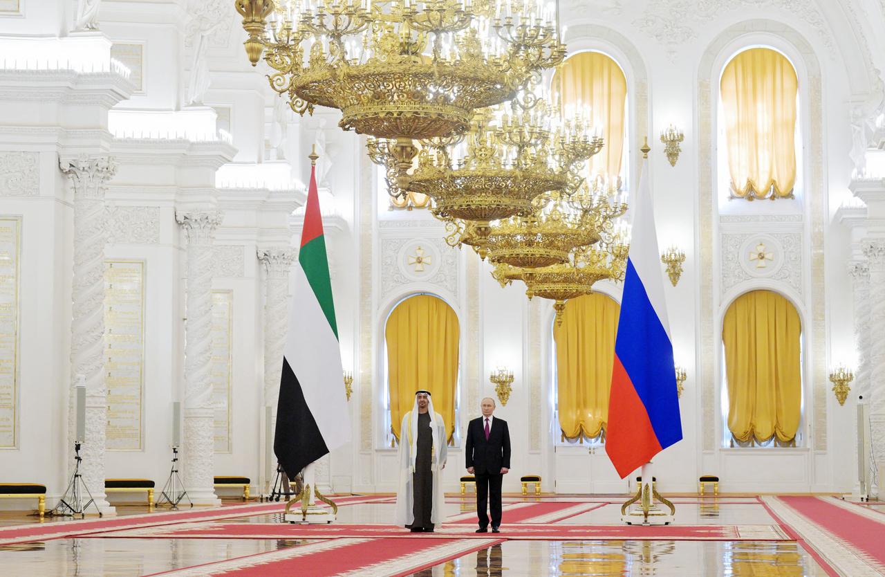 Russia's President Vladimir Putin meets with UAE President Mohammed bin Zayed Al Nahyan at the Kremlin in Moscow on August 7, 2025. (AFP Photo)