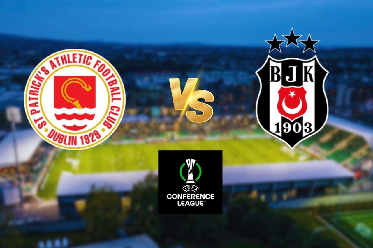 St. Patrick’s Athletic and Besiktaslogos alongside the UEFA Conference League logo with Tallaght Stadium in the background, created on Aug. 7, 2025. (Türkiye Today)