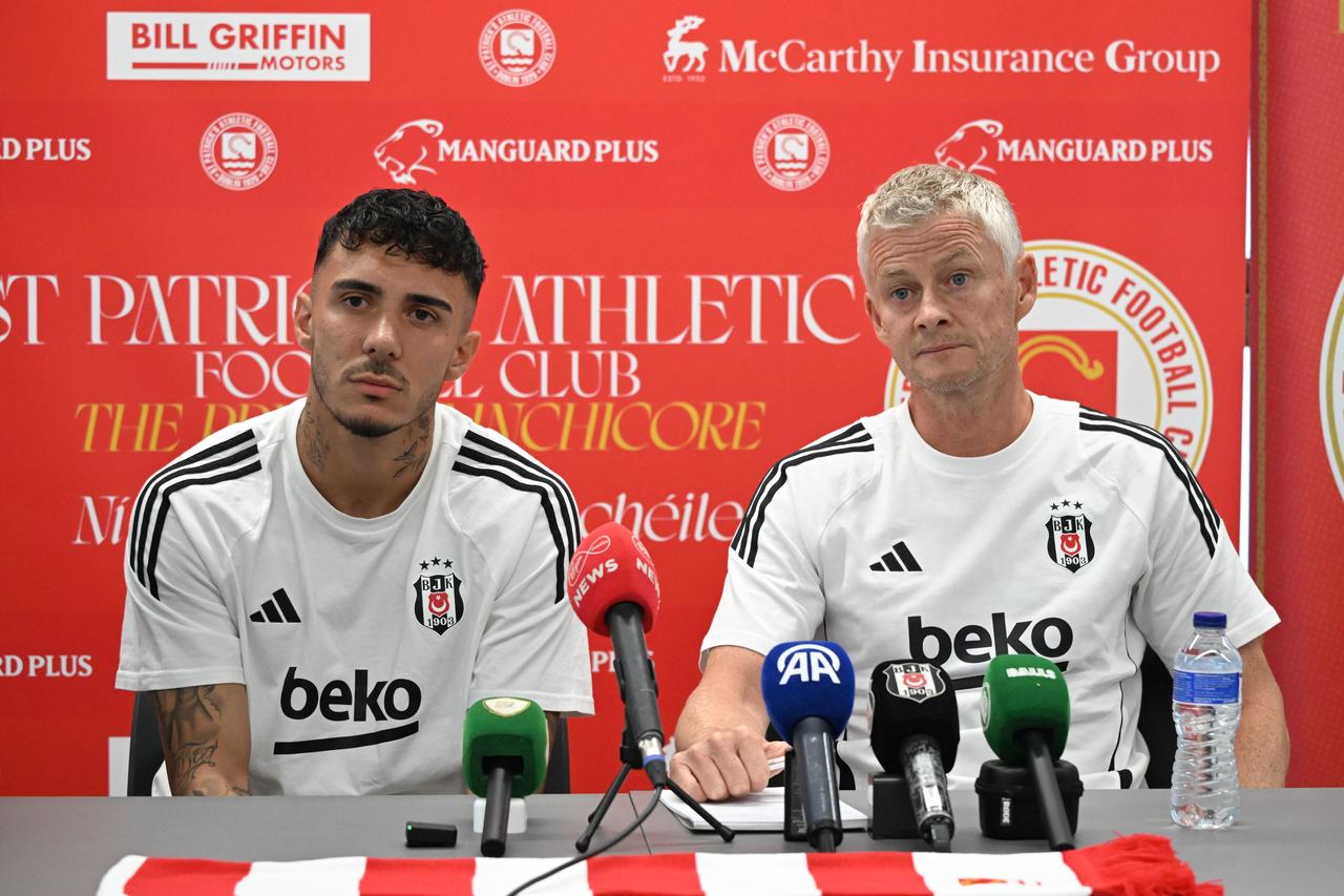 Head Coach Ole Gunnar Solskjaer (R) and Emirhan Topcu (L) of Besiktas speak during a press conference held at Tallaght Stadium a day before the UEFA Europa Conference League third qualifying round first leg match between St. Patrick's and Besiktas in Dublin, Ireland, August 06, 2025. (AA Photo)