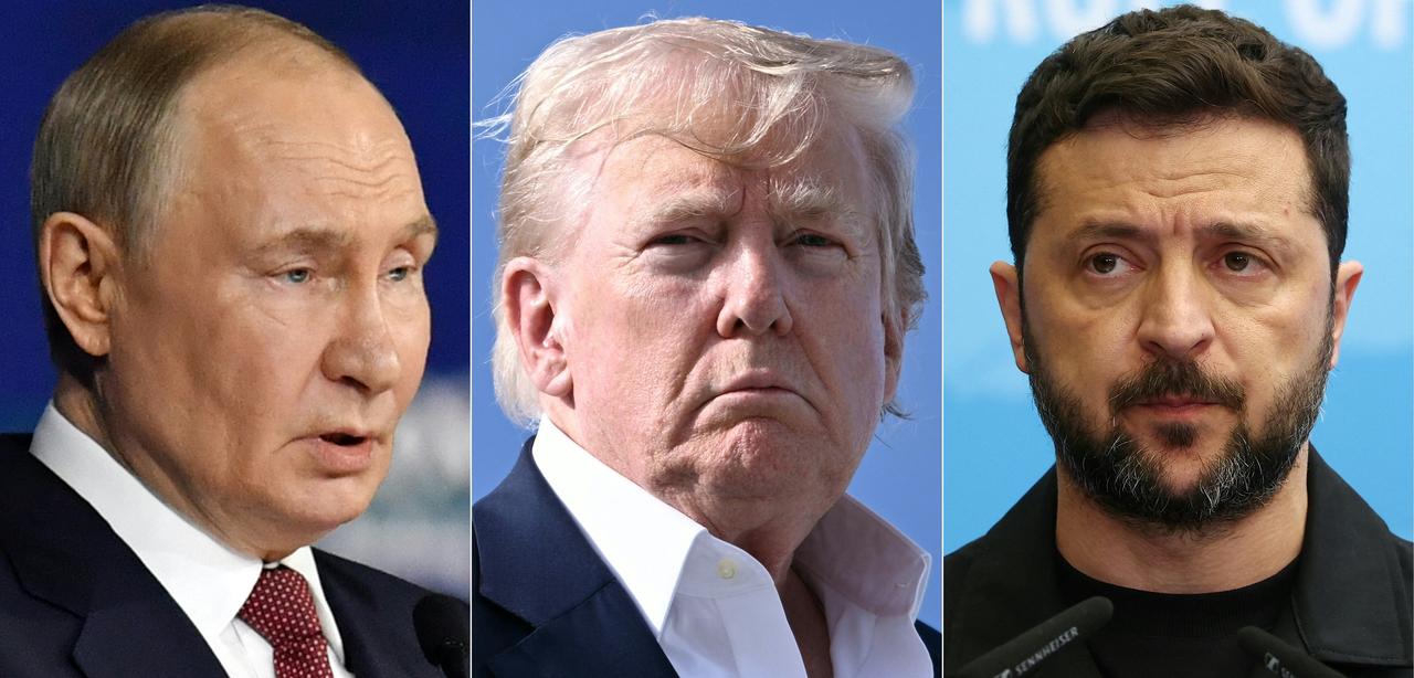 (L/R) Russia's President Vladimir Putin in Saint Petersburg, US President Donald Trump at RAF Lossiemouth and Ukraine's President Volodymyr Zelenskyy in Strasbourg, created on August 06, 2025. (AFP Photo)