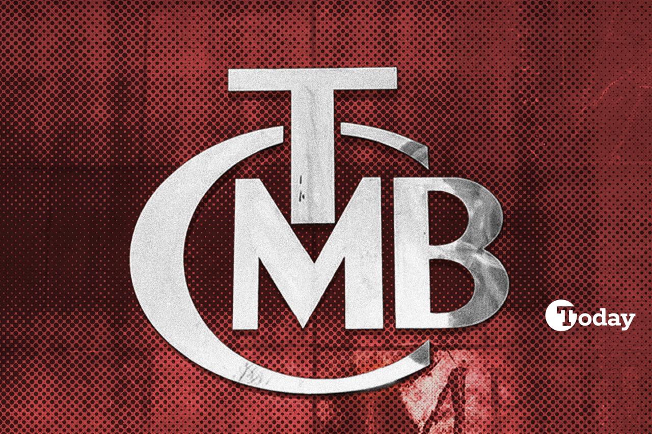Photo illustration shows the logo of the Central Bank of the Republic of Türkiye (CBRT) against a red background. (Collage by Türkiye Today)