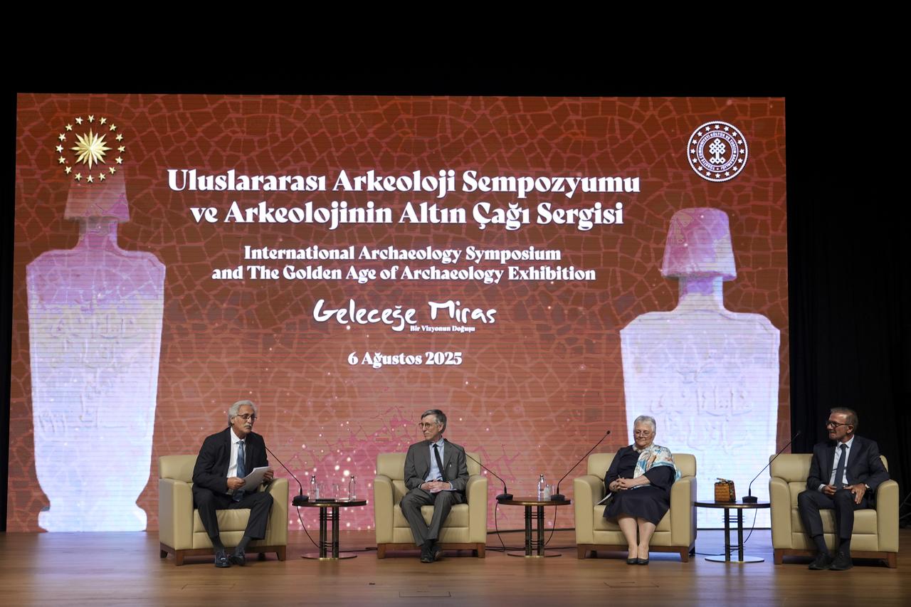 On the first day of the “International Archaeology Symposium” organized by the Presidency and the Ministry of Culture and Tourism, Professor Nevzat Cevik (far left) moderated a session featuring presentations by Professor Charles Brian Rose, Head of Excavations at Gordion (second from left); Professor Feristah Alanyali, Head of Excavations at Side Ancient City (second from right); and Professor Necmi Karul, Coordinator of the Tas Tepeler Project and Head of Excavations at Gobeklitepe and Karahantepe (far right), Ankara, Türkiye, August 6, 2025. (AA Photo)