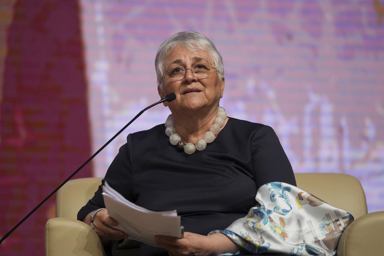 Professor Feristah Alanyali, Head of Excavations at Side ancient city, speaks during the opening session of the “International Archaeology Symposium” organized by the Presidency and the Ministry of Culture and Tourism, Ankara, Türkiye, August 6, 2025. (AA Photo)