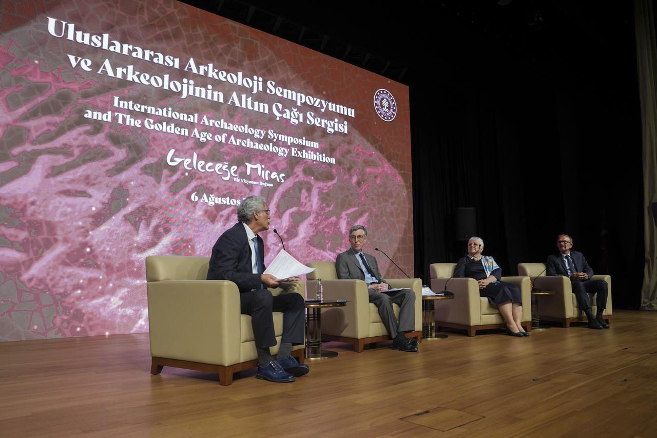 On the first day of the “International Archaeology Symposium” organized by the Presidency and the Ministry of Culture and Tourism, Professor Nevzat Cevik (far left) moderated a session featuring presentations by Professor Charles Brian Rose, Head of Excavations at Gordion (second from left); Professor Feristah Alanyali, Head of Excavations at Side Ancient City (second from right); and Professor Necmi Karul, Coordinator of the Tas Tepeler Project and Head of Excavations at Gobeklitepe and Karahantepe (far right), Ankara, Türkiye, August 6, 2025. (AA Photo)