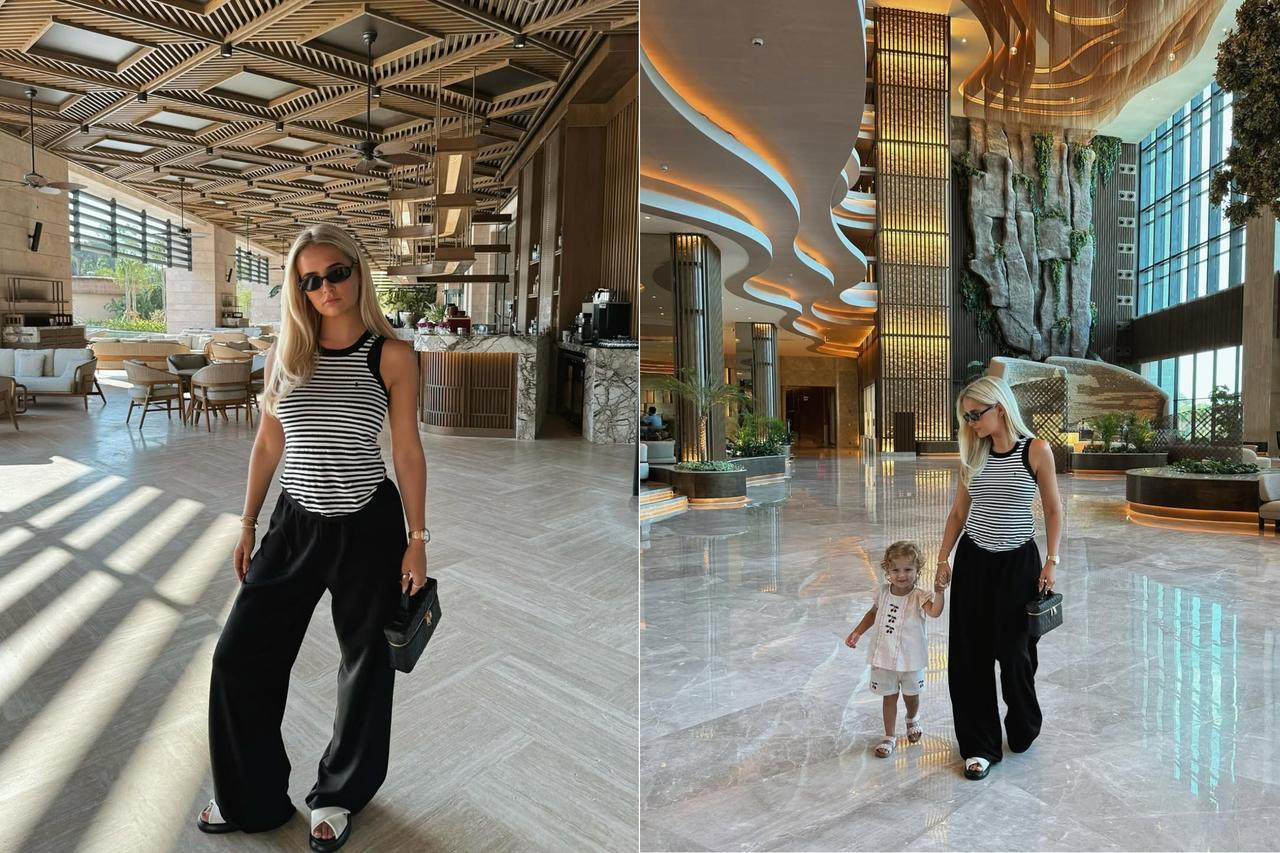 British social media influencer and TV personality Molly-Mae Hague poses with her daughter Bambi at a luxury hotel in Antalya, Türkiye, August 3, 2025. (Photo via Instagram/@mollymae)