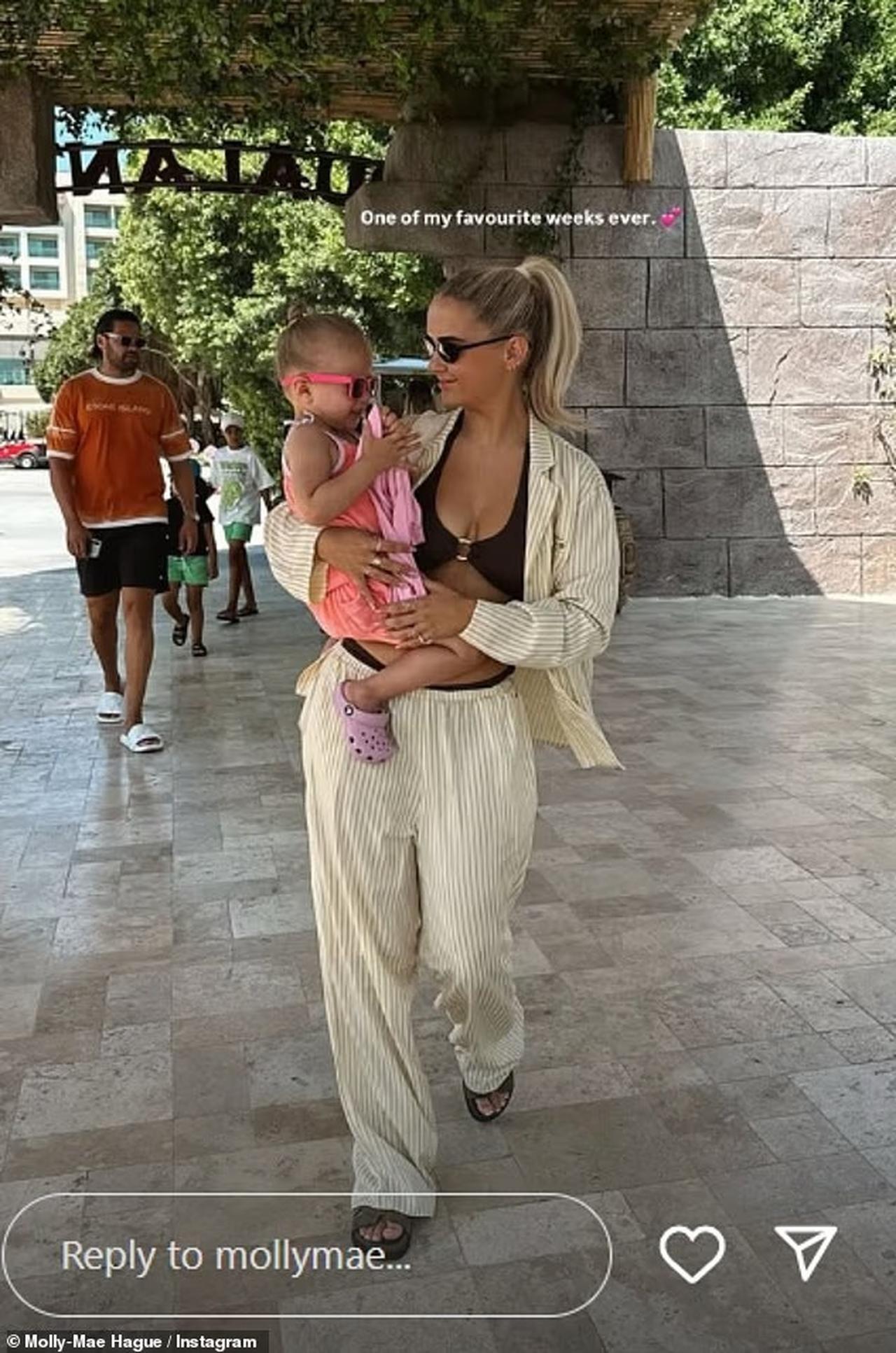British social media influencer and TV personality Molly-Mae Hague poses with her daughter Bambi at a luxury hotel in Antalya, Türkiye, August 3, 2025. (Photo via Instagram/@mollymae)