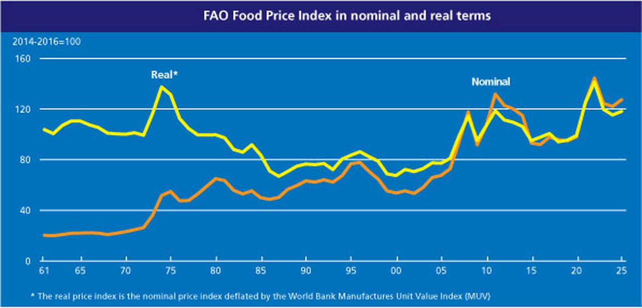 Line chart shows the global Food Price Index in nominal and real terms from 1961 to 2025. (Chart via FAO)
