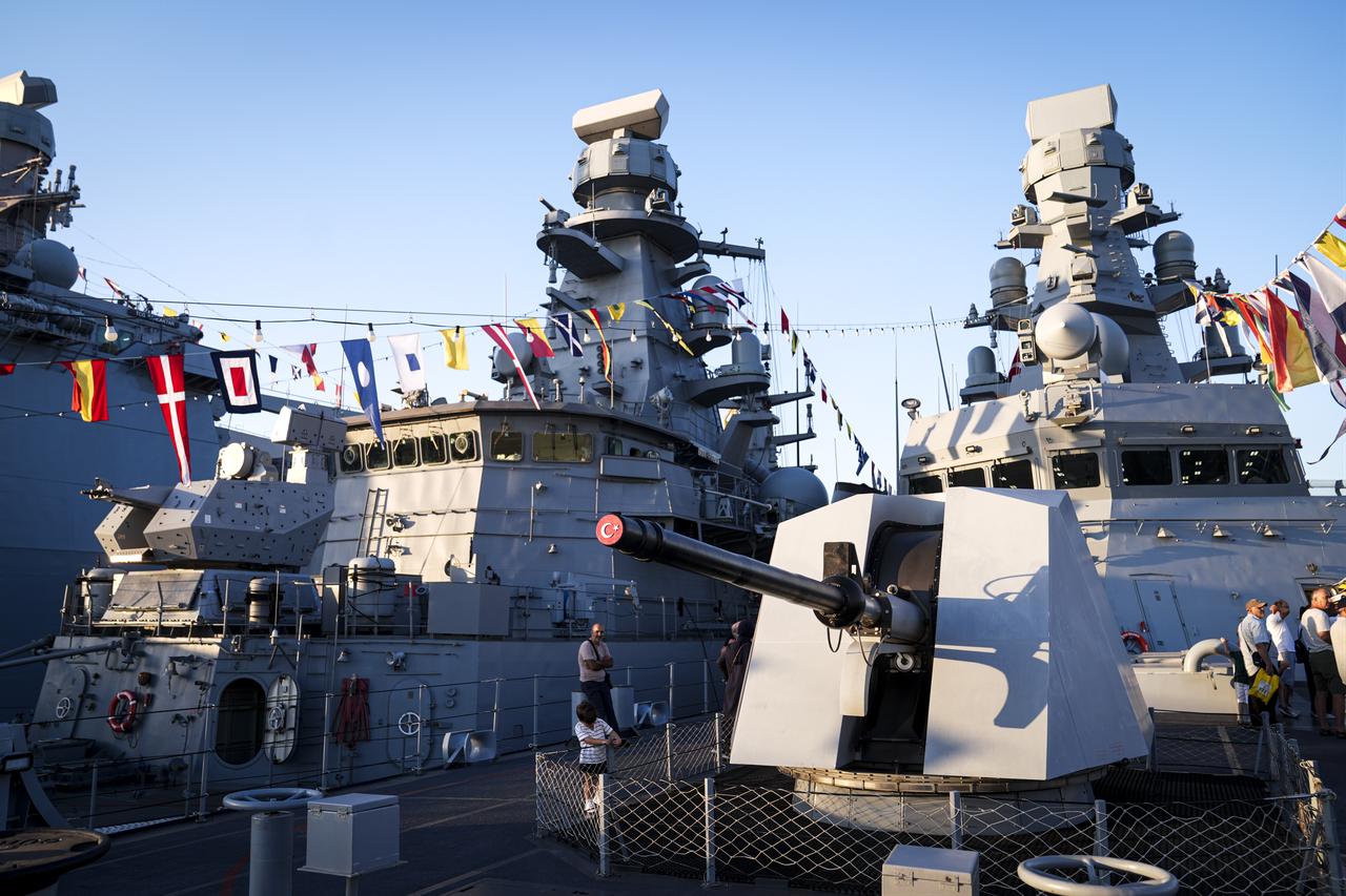 TCG Istanbul (R) and TCG Orucreis (L), a Barbaros-class frigate were displayed side by side at Teknofest Blue Homeland in Istanbul, Türkiye, August 2025. (AA Photo)