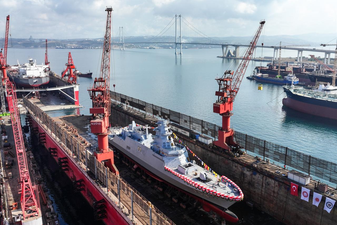 Photos from the launch ceremony of the eighth MILGEM-class frigate TCG Icel (F-518) at Sefine Shipyard, September 1, 2025. (AA Photo)