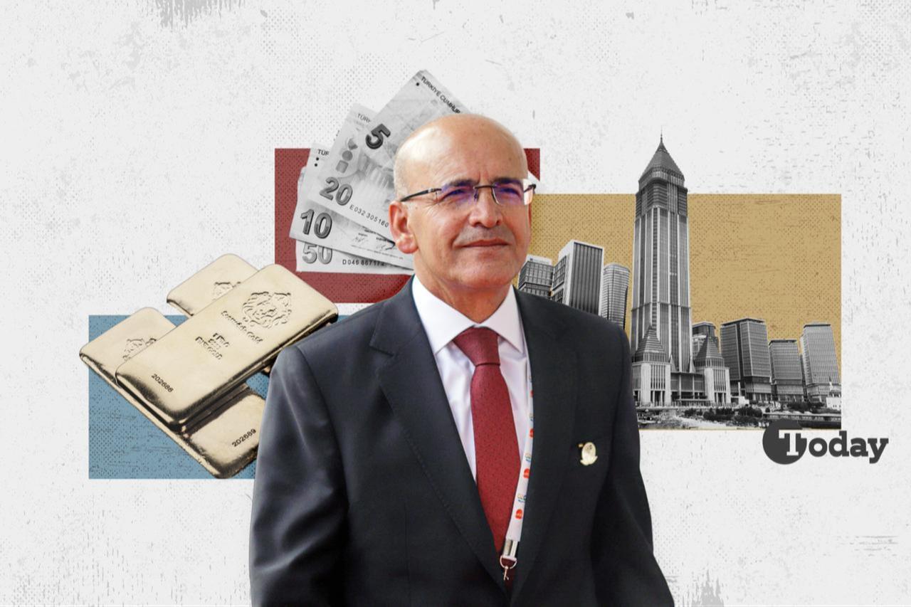 Photo illustration shows Türkiye’s Finance Minister Mehmet Simsek in front of the Istanbul Financial Center in Türkiye. (Collage by Türkiye Today)