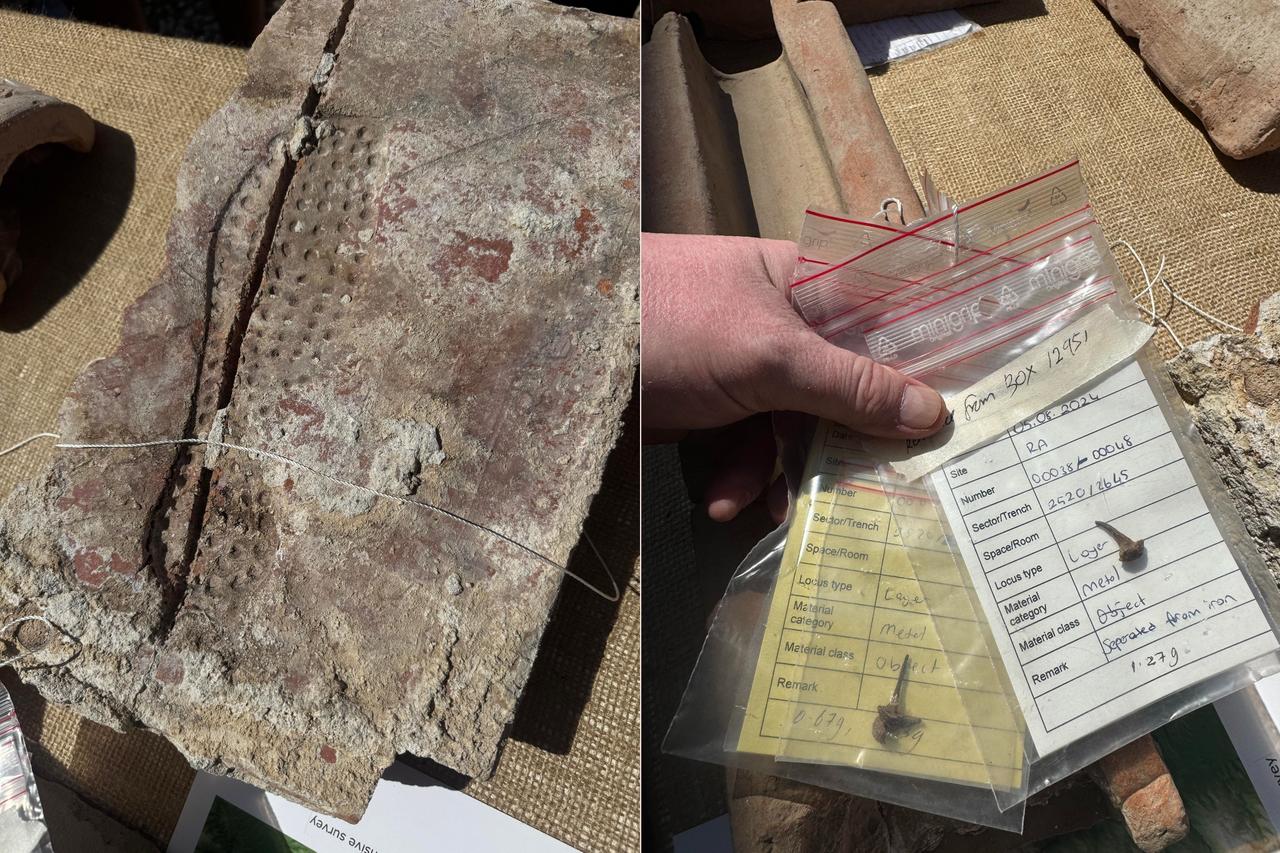 Fragment of a clay roof tile with a 2,000-year-old spiked shoe imprint (Left) and iron studs recovered from the same excavation layer (Right), Sagalassos, Türkiye, Sept. 10, 2025. (AA Photo)