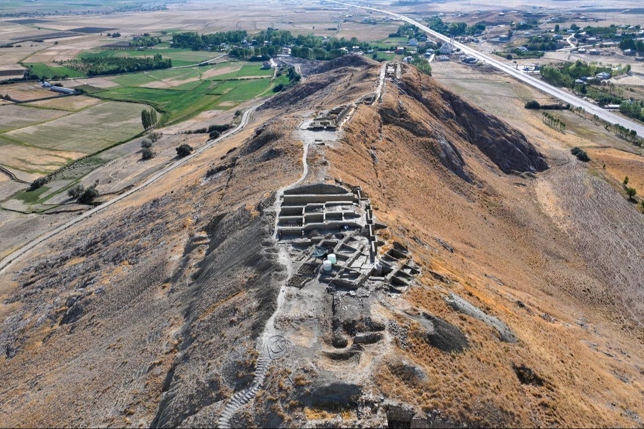 An aerial view shows the remains of Cavustepe Castle, built by Urartian King Sarduri II, where archaeologists recently uncovered sling stones used in wars, in Gurpinar district of Van, Türkiye, Aug. 28, 2025. (AA Photo)