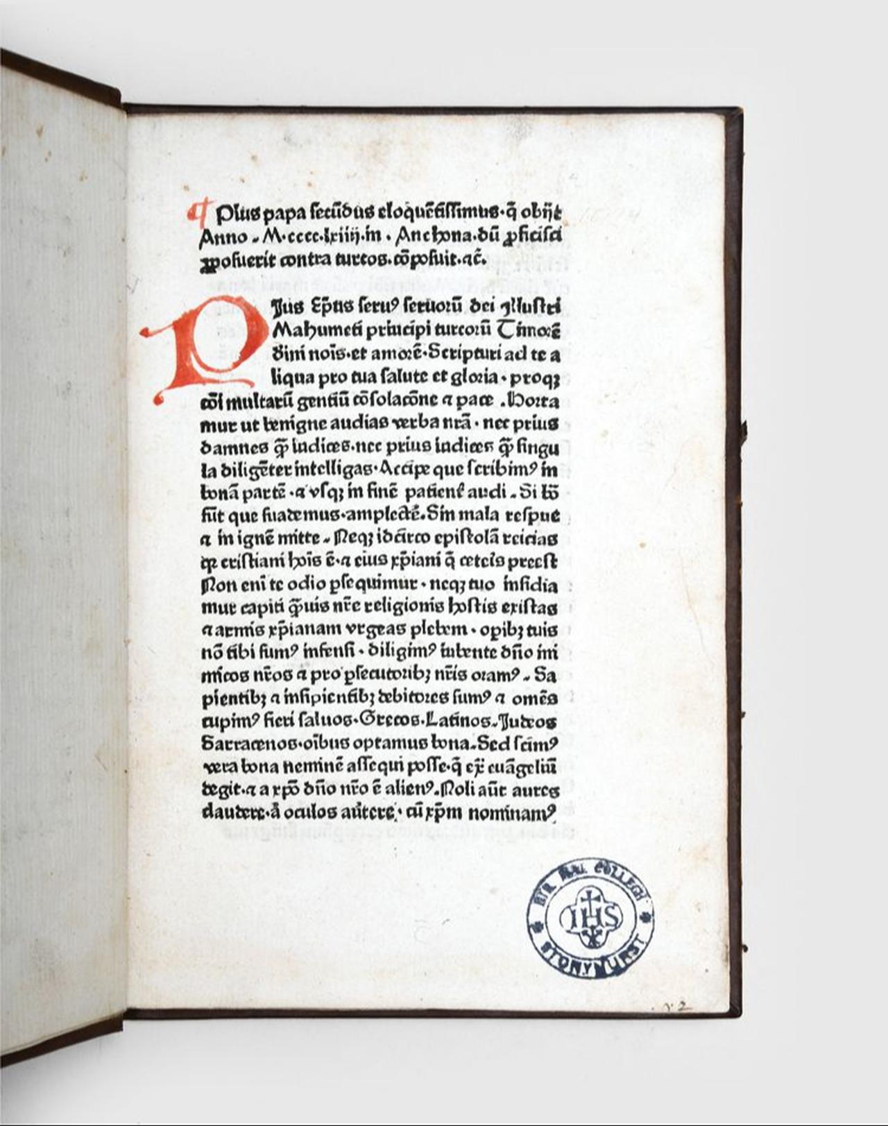 Early printed edition of Pope Pius II’s Epistola ad Mahumetem (Letter to Mehmed II), Cologne, c.1469–1472. (Photo via Stonyhurst College Library)