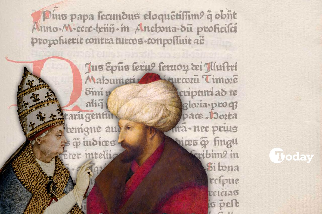 Pope Pius II (Left) and Sultan Mehmed II (Right) , depicted against the text of Epistola ad Mahumetem, the famous letter urging the Ottoman ruler to convert to Christianity. (Photo collage by Türkiye Today team)
