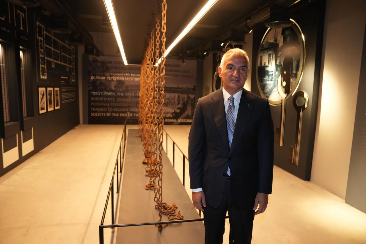 Minister of Culture and Tourism Mehmet Nuri Ersoy pictured inside the Sinop Historical Prison Museum, where an exhibition highlights the memory of the site, Sept. 10, 2025. (Photo via Culture and Tourism Ministry)