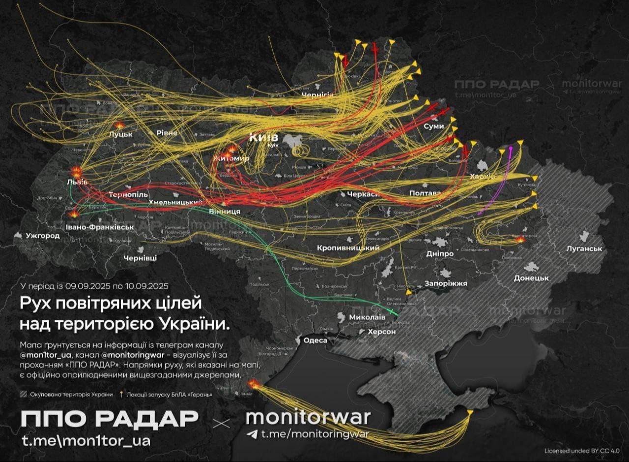 Map showing reported Russian drone incursions into Poland on Sept. 9, 2025. (Photo via monitorwar)