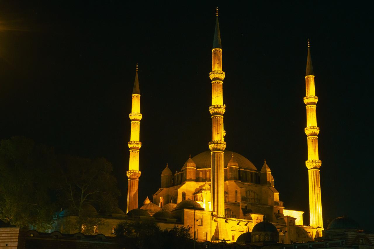 Selimiye Mosque illuminated at night in Edirne, Türkiye. (Photo via Adobe Stock)