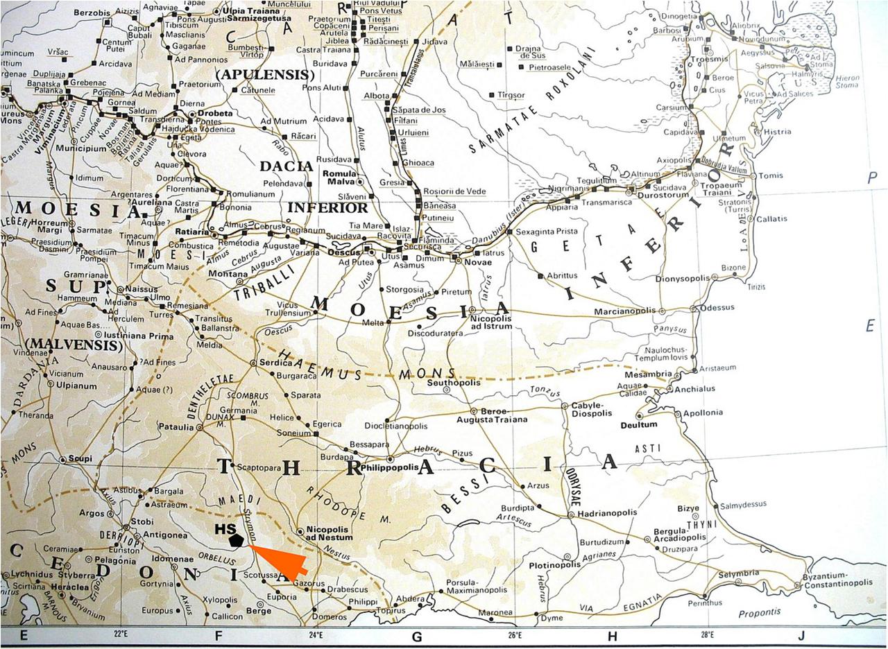 Map of the Eastern Balkans in the Roman period showing the location of Heraclea Sintica (arrow). (Photo via Russeva & Manoilova)