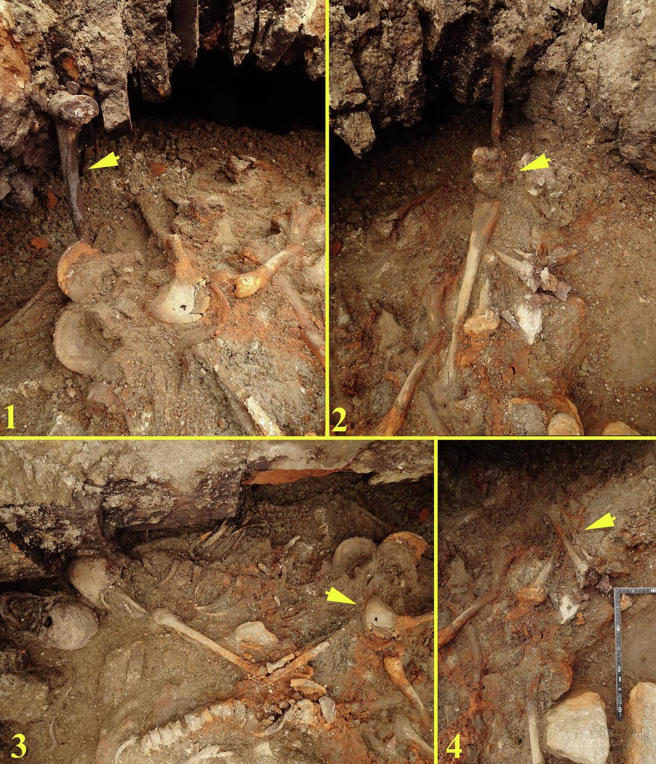 Excavation stages showing the skeletal remains in anatomical position within the collapsed cistern of the Roman forum at Heraclea Sintica in Bulgaria. (Photo via Russeva & Manoilova)