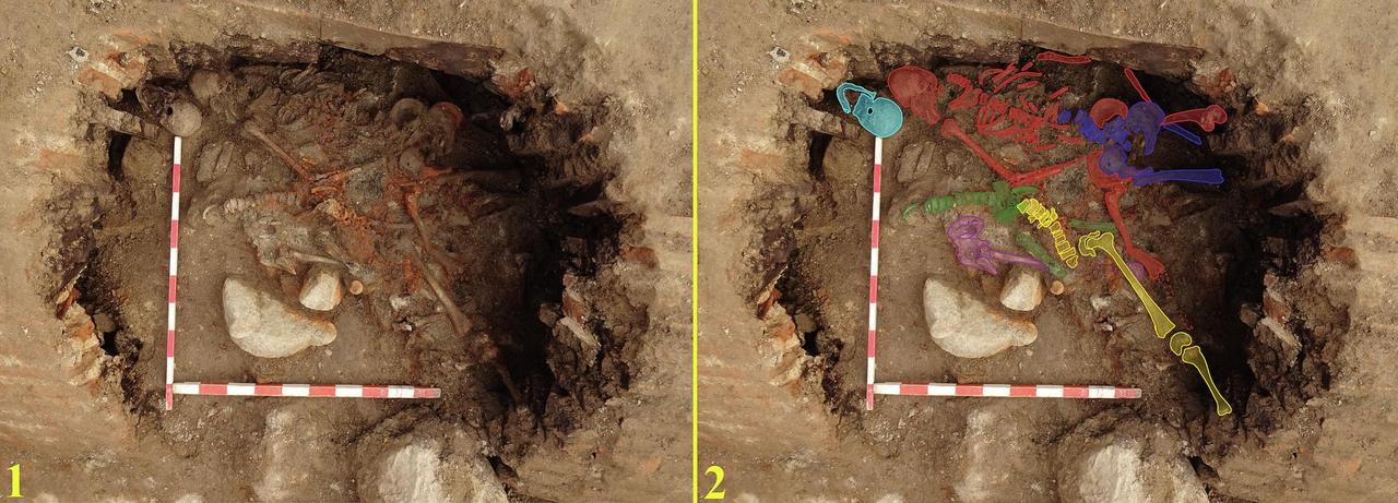Human skeletal remains uncovered in the southern cistern of Room V, in the southwestern part of the Roman forum at Heraclea Sintica in Bulgaria. (Photo via Russeva & Manoilova)