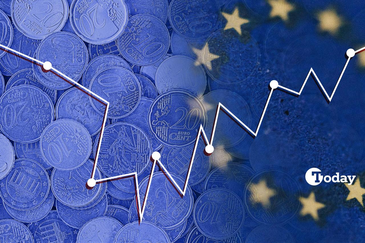 Illustration shows euro coins and the European Union flag with a line graph. (Collage by Türkiye Today)